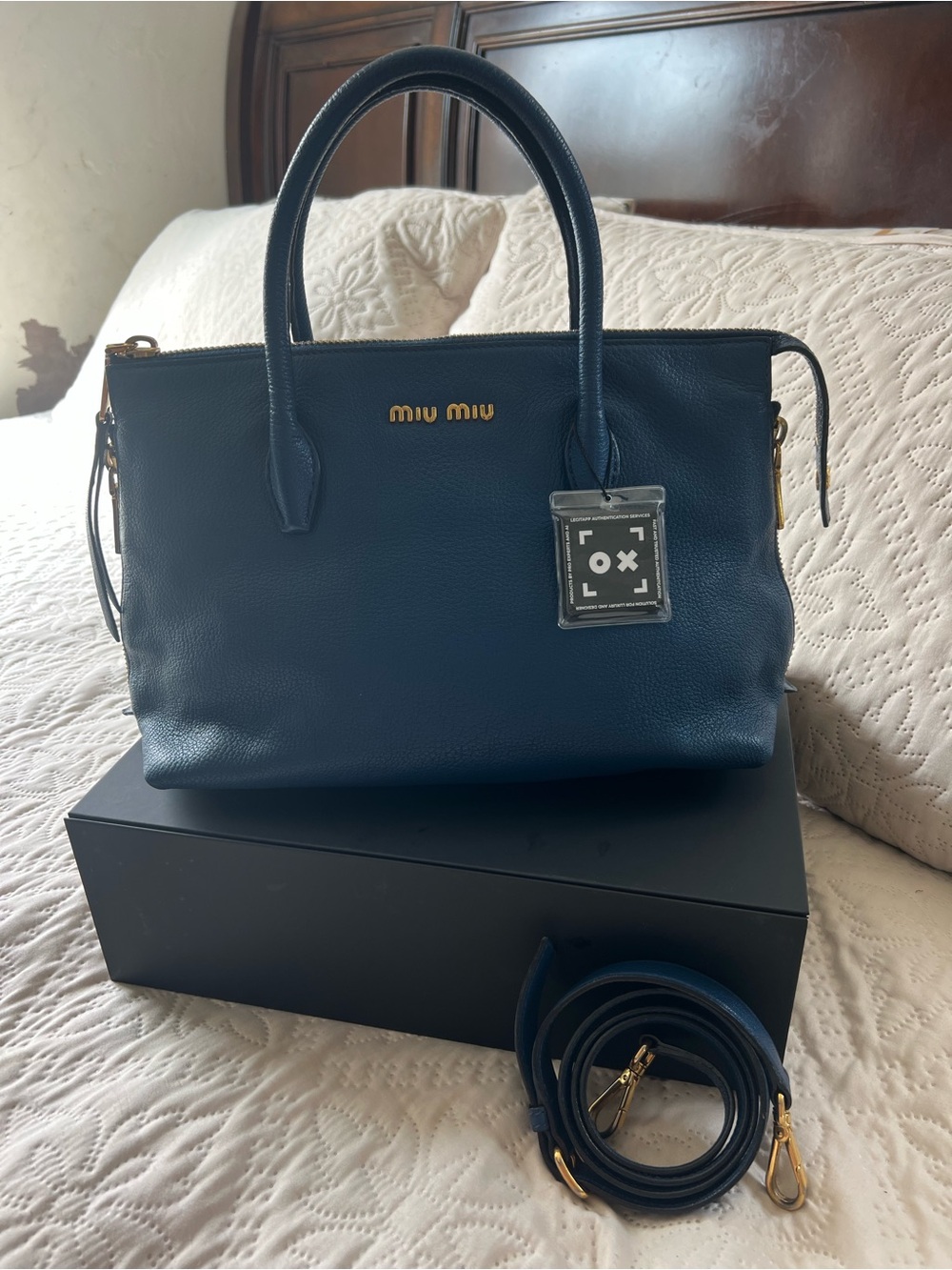 Miu Miu Navy Blue Pebbled Leather Satchel with Gold Hardware